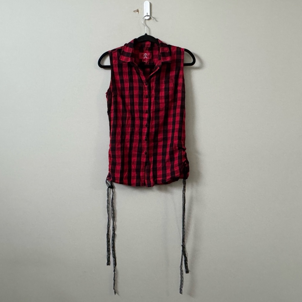 Royal Bones Red/Black sleeveless plaid print button front lace up side top